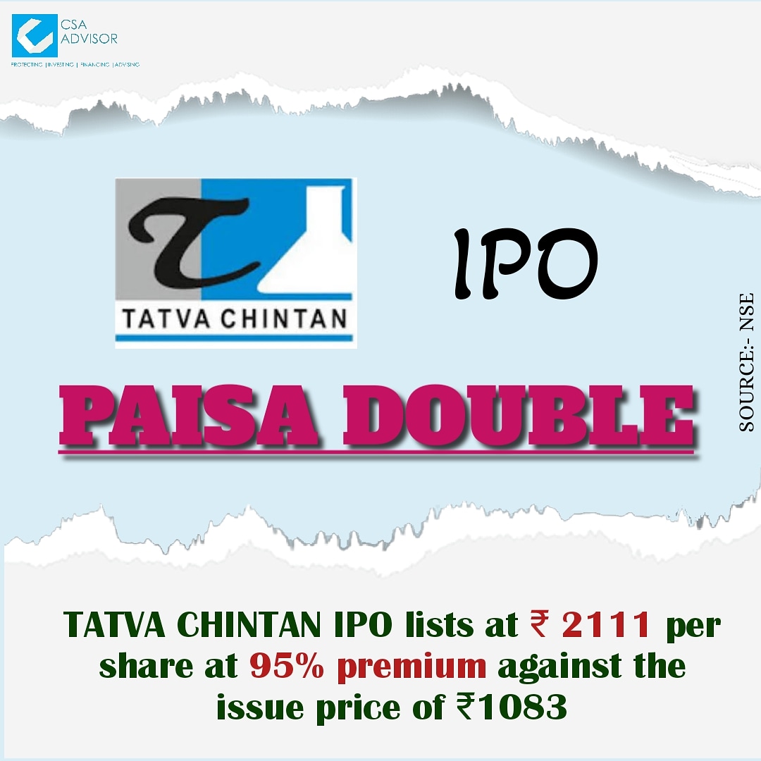 csa_advisor's tweet photo. Tatva chintan Pharma share price doubles on listing, stock soars 95% from IPO price.

#csaadvisor #csamanagementconsultantprivatelimited #tatvachintan #IPO  #listing  #bidding #listingprice #shares #publicissue  #finance #news https://t.co/67AAoq3raM