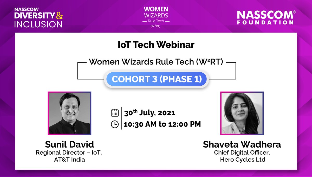 nfinclusion4all's tweet photo. Excited to announce @davidsunilindia @ATT & Shaveta Wadhera @Hero_Cycles as speakers for the next #nasscomWWRT IoT Tech session! The webinar will acquaint cohort 3 participants with current insights & upcoming trends in #IoT. Enrol to cohort 3- write to wwrt@nasscomfoundation.org https://t.co/d5JJUi6ZeV