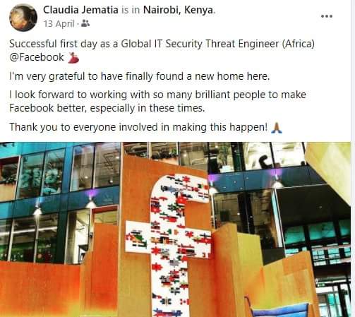 CTP_Kenya's tweet photo. Remember this jobless lady who went out of her way to reach potential employers?
#Facebook hired her as Global IT Security Threat Engineer for #Africa countering transnational crimes like #terrorism.She is inspiration to youth to never lose hope.#Act
#ActionCountersTerrorism https://t.co/fDRi3NLCsm