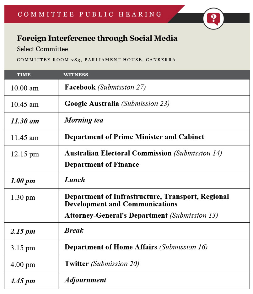 The Select Committee on Foreign Interference through Social Media is holding a public hearing in Canberra today

Live: bit.ly/LiveParl
More information: bit.ly/3mQXQm0