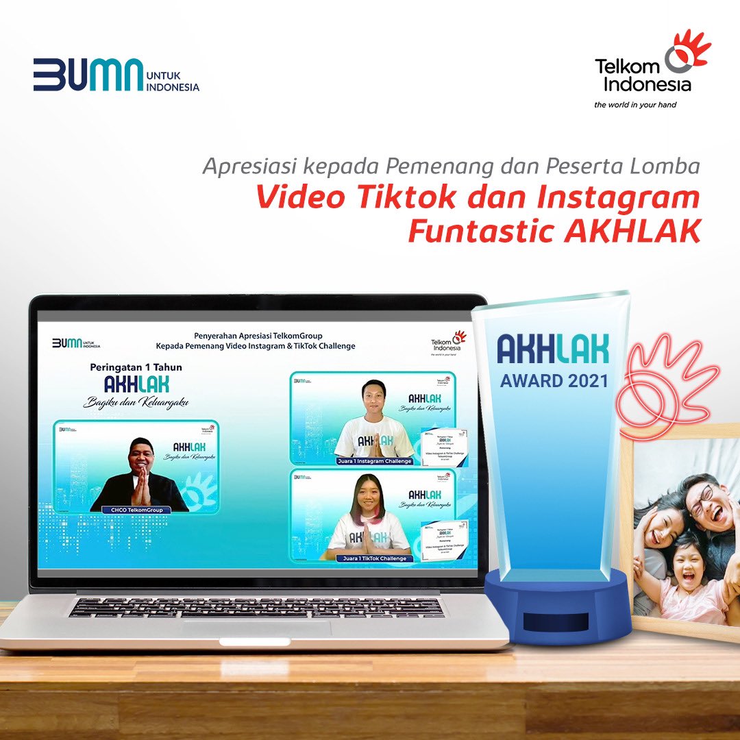 TelkomIndonesia's tweet photo. Selain itu, apresiasi juga diberikan kepada pemenang video paling kreatif di Tiktok dan Instagram Funtastic AKHLAK. #1TahunAKHLAKBUMN #1TahunAKHLAKTelkomGroup https://t.co/9GPCojAwAB