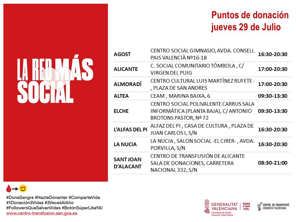 GVAdonasang's tweet photo. Puntos de donación #Alicante
📅jueves #29Julio
Tu donación permite salvar vidas y mejorar el estado de salud de muchos enfermos. #DonaSangre, tu colaboración es necesaria.
#HazteDonanter❤️ https://t.co/08iT98bKhi