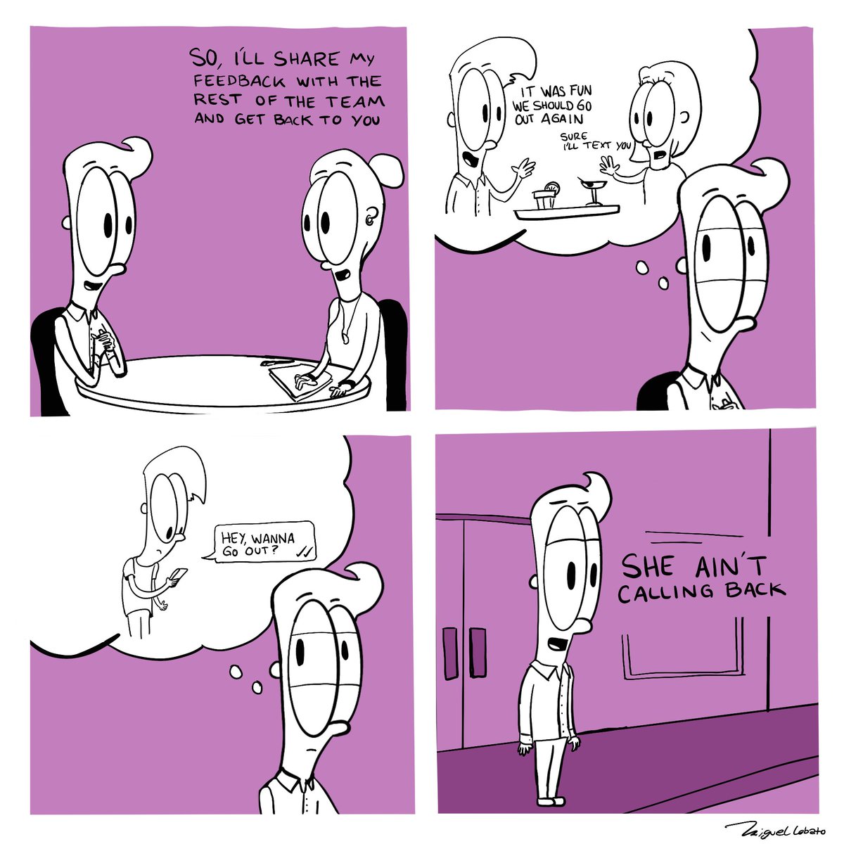 its_lobato's tweet photo. What does job interviews and blind dates have in common? I was chatting about this with a couple of friends and here the result. #shortcomic #selfdevelopmentquotes #mindsetiseverything #drawdaily #doodle #digitaldrawing #comic #cartooning #shortcomics https://t.co/mJKQXnvrrT
