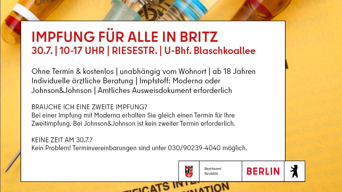 martinhikel's tweet photo. Wir setzen unsere Impfungen ohne Termin fort. Morgen zwischen 10 und 17 Uhr bei unserem Gesundheitsamt in Britz. Der Eingang ist über die Riesestraße. Wir werden Moderna und Johnson&amp;Johnson verimpfen. #FIGHTCOVID #berlin #neukölln https://t.co/6dT4f9NqTO