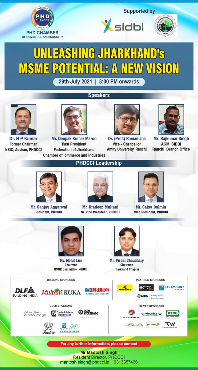 phdchamber's tweet photo. #PHDCCI ‘s Jharkhand Chapter &amp; MSME Committee is jointly organising a webinar on “Unleashing The MSME Potential in Jharkhand” 2nd Edition in Association with SIDBI today, ’21, from 3:00 PM onwards. 
Click here to register: https://t.co/jkQGDqnLpu
#MSME #Jharkhand #Business https://t.co/5PEBDty12k