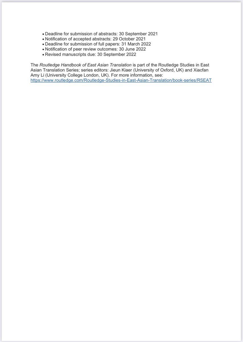 Call for Contributions: Routledge Handbook of East Asian Translation. Deadline for abstracts: 30 September 2021. Please share!