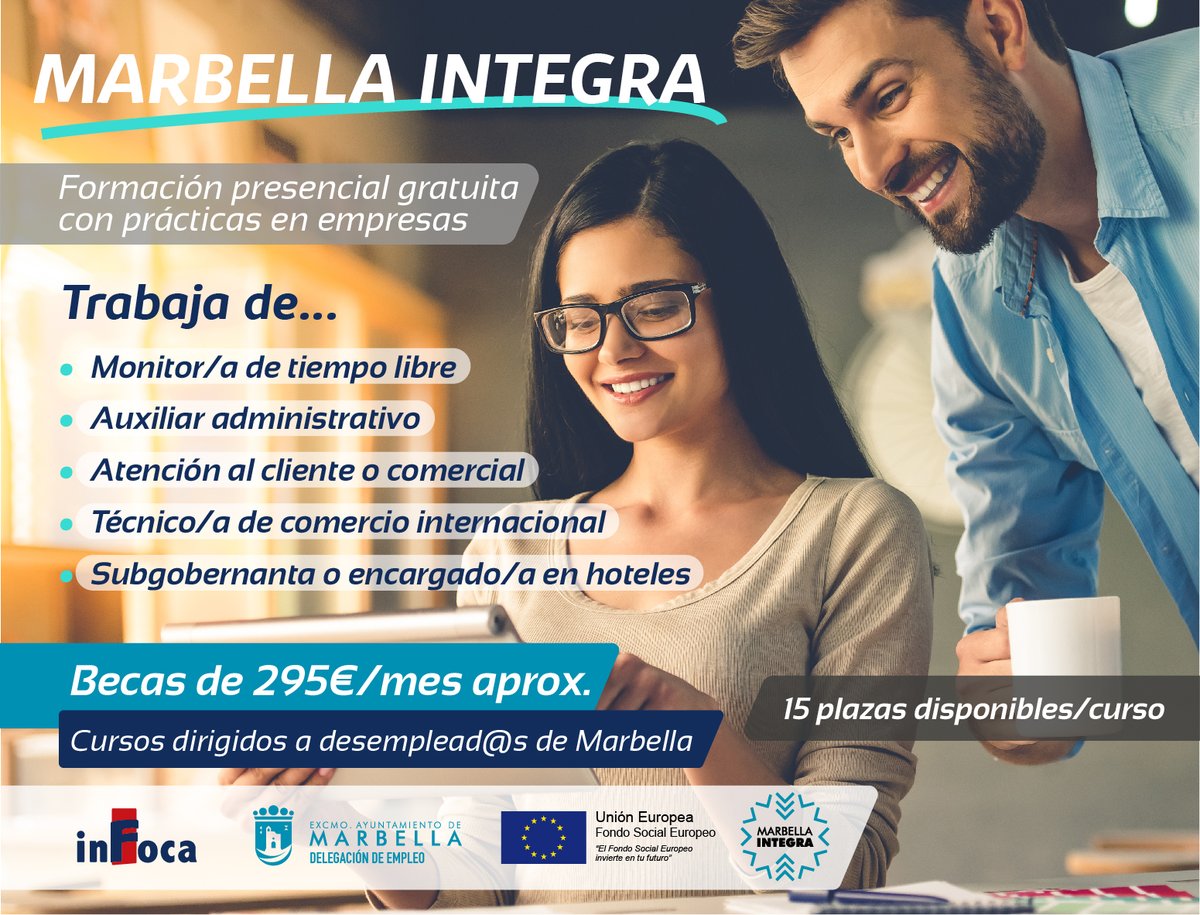 #MarbellaIntegra Cursos presenciales gratuitos dirigidos a personas desempleadas de #Marbella con prácticas en empresas y becas de 295 €/mes. Inscríbete ya
infocaformacion.com/marbella-integ…