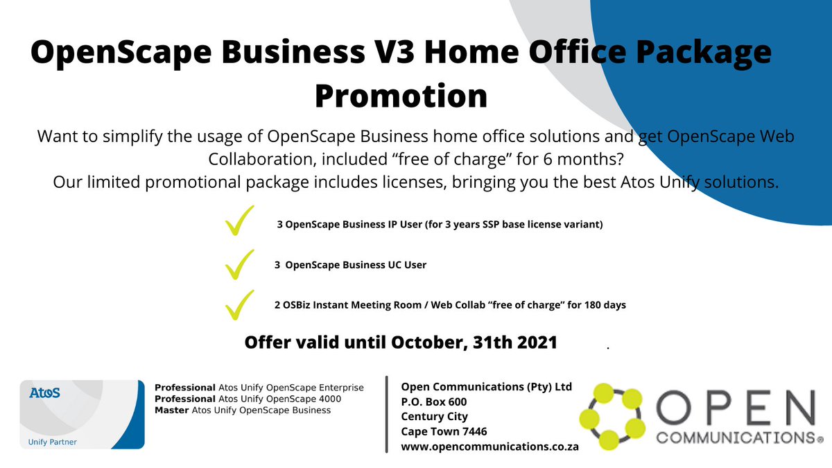 OpenCommsSA's tweet image. Access Award Winning Best-in-Class “All-In-One” Unified Communication &amp;amp; Voice Solution
designed for SMBs. We have extended our offer on the OpenScape Business V3 Home Office Package Promotion. Visit our website now: opencommunications.co.za offer ends October 31st 2021.