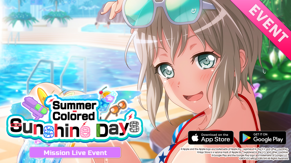 bangdreamgbp_EN's tweet photo. Are you all ready for the upcoming Event "Summer Colored Sunshine Days"? 
 
Event Period: Jul 31 UTC 01:00 (Jul 30 PDT 18:00) ~ Aug 11 UTC 06:59 (Aug 10 PDT 23:59)
[Event period updated]

Download for free on iOS / Android: https://t.co/12PWjJ6yrI https://t.co/82v4BPoprN