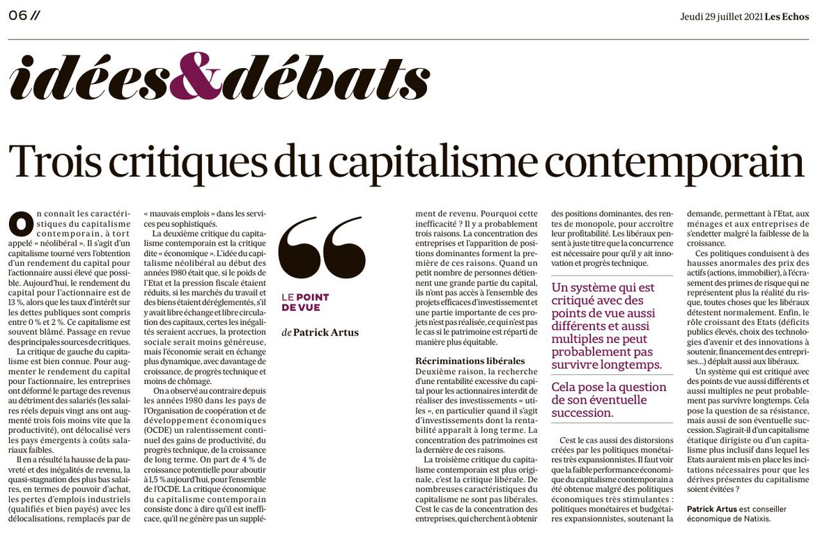 Toujours intéressant de réfléchir sur notre rapport au capitalisme en lisant <a href="/PatrickArtus/">Patrick Artus</a> <a href="/LesEchos/">Les Echos</a> En découlera forcément une nouvelle façon de gérer nos patrimoines <a href="/BienveillanceFi/">LaBienveillanceFinancière</a> #wealthischanging #fintech #conseilleraugmenté #ia