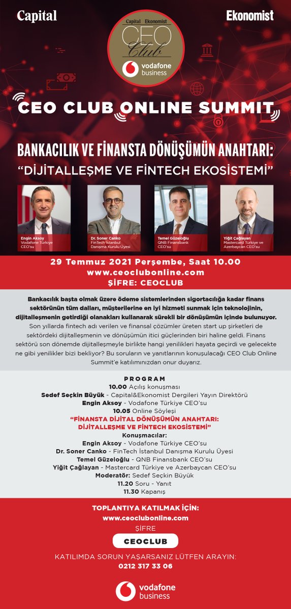 Ekonomist ve CapitalDergisi olarak, 
#Vodafonebusiness sponsorluğunda düzenlediğimiz ve bugün saat 10:00’da başlayan etkinliğimizi ceoclubonline.com adresinden izleyebilirsiniz. @vodafonetr @vfbusiness_tr