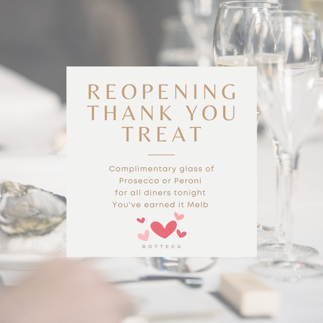 💗💗 Thank you Melbourne for your continued love 💗💗
The first bubbles or beer are on us tonight! 
.
.
.
.
#bottega #CBDdining #melbourne #italian #prosecco #peroni