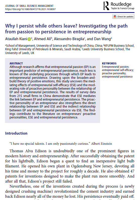 Our new article which we worked on many many years with Dr. Biraglia, Dr. Ali &amp; Dr. Wang has now been published online in a top journal  "Journal of Small Business Management" (VHB: B; ABS: 3; IF: 4.544).
Full text available at: 
tandfonline.com/eprint/FGVJFH2…