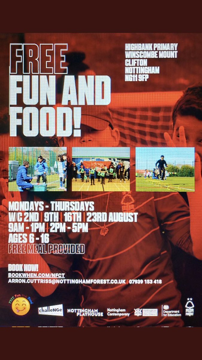 HighbankPrimary's tweet photo. If you haven't yet booked, don't let this fabulous opportunity pass you by! A fabulous FREE holiday club run by Nottingham Forest and Nottingham Playhouse, offering sporting and creative activities, being held at Highbank Primary School. Get booking! https://t.co/K4kRJjLtUF