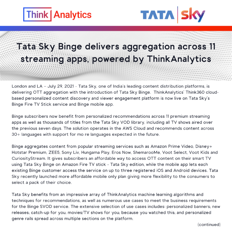 thinkanalytics's tweet photo. Today we announced @TataSkyBinge is officially delivering #OTT aggregation using our cloud-based Think360 platform! Tata Sky has optimized our #AI and #ML algorithms to minimize churn and maximize viewer engagement.

#tatasky #binge #superaggregation