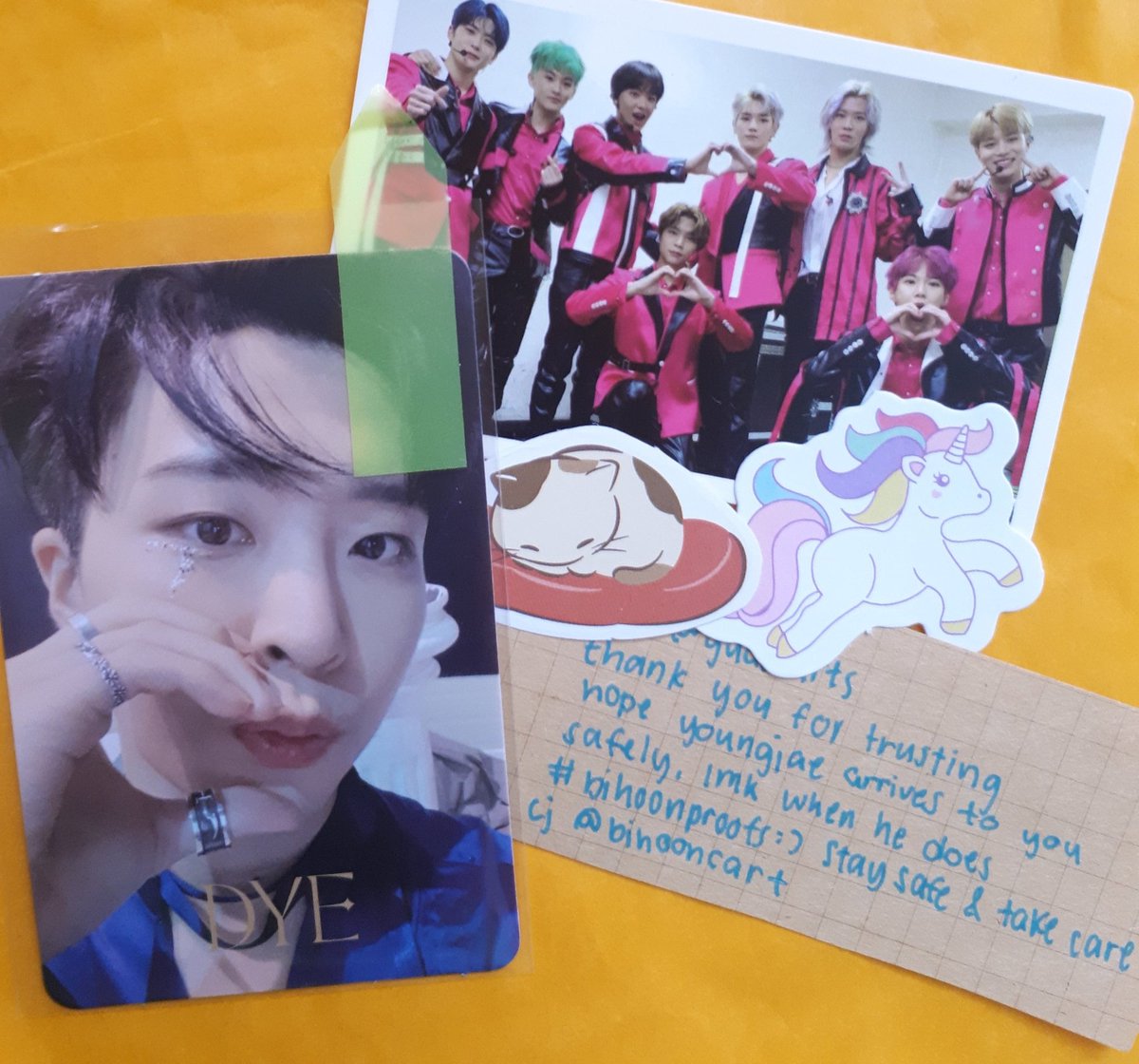 gudecarts's tweet photo. youngjae came home safely!!! thank you @bihooncart for packing him safely and for the smooth transaction. thanks for helping me completemy 2jae dye heart agenda 😭💛 #bihoonproofs https://t.co/QSIVAf74Yl