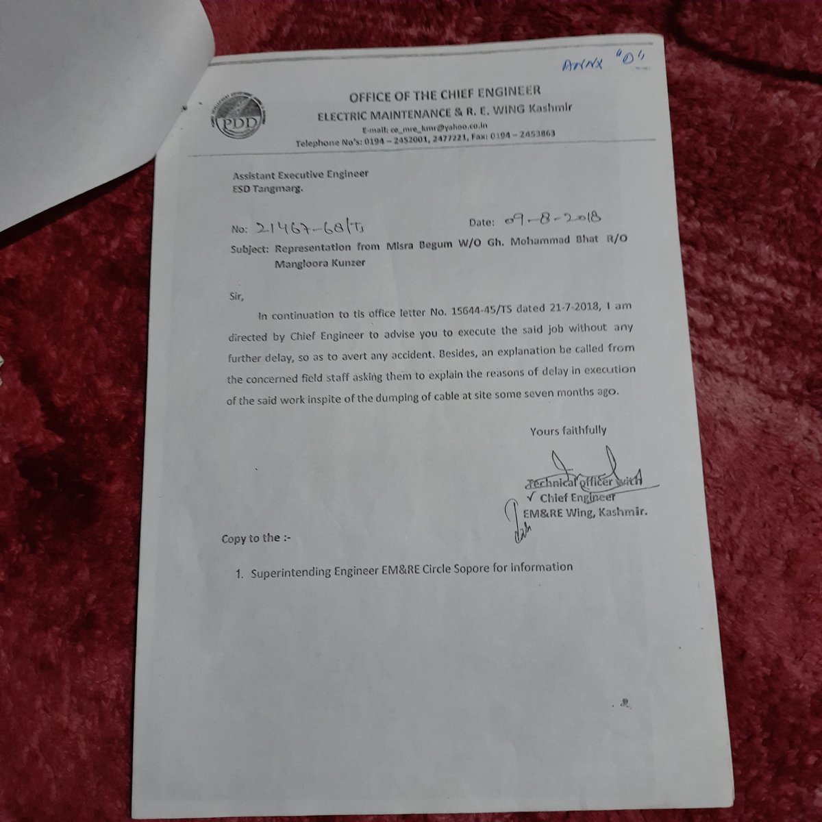 ShahidBhat75's tweet photo. @pddjkofficial 
Esteemed sir
Feom last three year i suffered,due to the negligence  of Assit.Executive Engineer
Sub Division Tangmarg.i visit lot of times to the concern Department but every day i say same answer.
I have already  lodge  a complaint in grievance cell. 999001733659 https://t.co/yALjYTtmsP