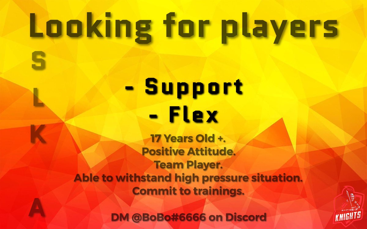 SolitaryKnights's tweet photo. SLK A | Announcement 🔓

We are currently looking for two players to complete 7 man roster for SLK A R6S.

We would prefer someone who plays in SEA / APAC since that’s where we are based and the current team is from. 🖤❤️

#SLKWIN #Neverinsolitude https://t.co/yTjlZxAJo7
