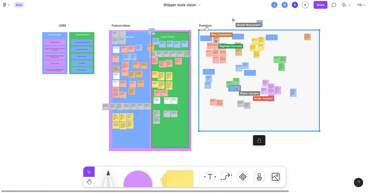 OntruckProduct's tweet photo. @MiroHQ is down :(, it's a good opportunity to test FigJam from @figmadesign with our business colleagues! The detail of adding the person's name to each post-it is a really good idea! https://t.co/5aV5g8CM5c