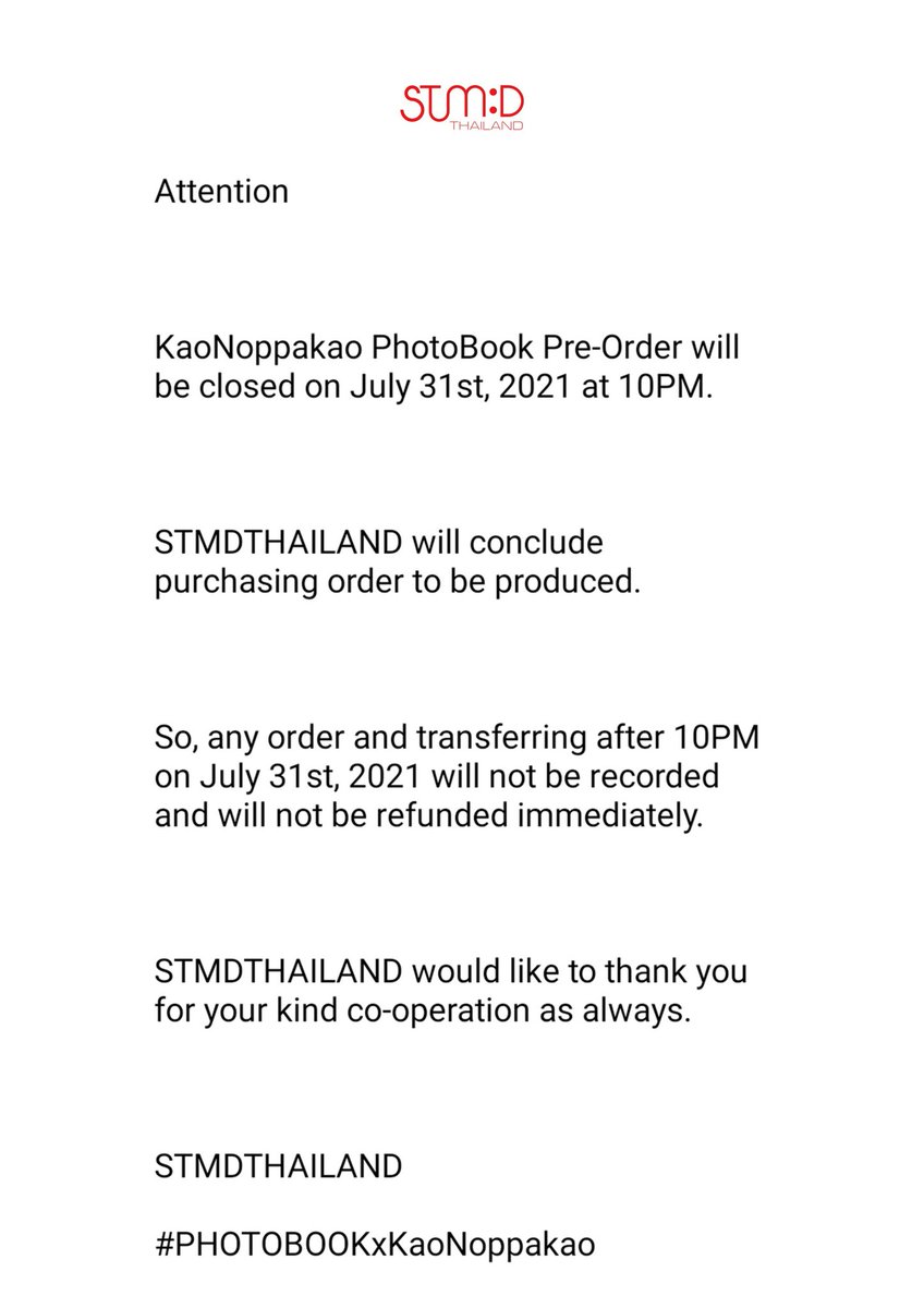 stmdthailand's tweet photo. 📢ประกาศจากทาง #STMDTHAILAND ปิดรับ Pre-Order PhotoBook KaoNoppakao ในวันที่ 31 ก.ค. 2564 เวลา 22.00 น. / #PHOTOBOOKxKaoNoppakao https://t.co/pFPB40x97g