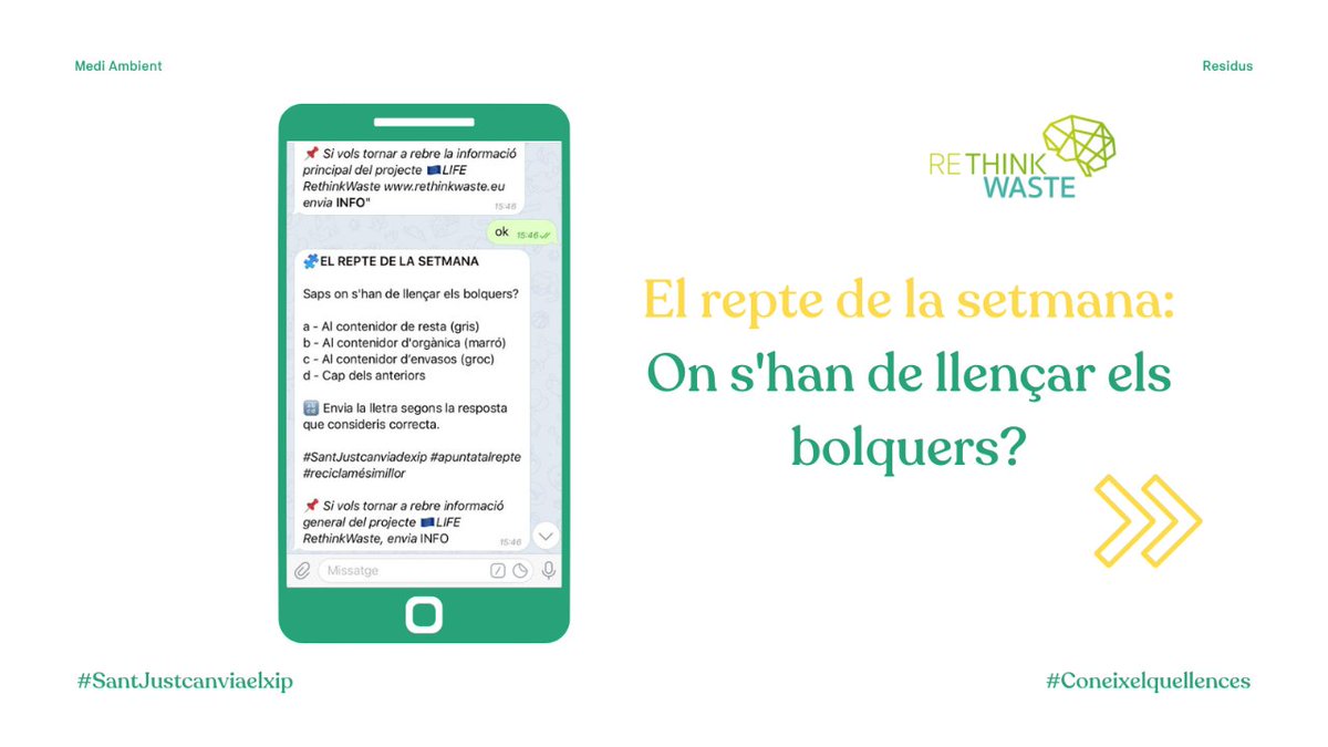 santjustresidus's tweet photo. ♻️ #ProjecteLIFE @REthinkWasteRTW
👉 Les persones registrades al xatbot #Coneixelquellences reben un repte setmanal al qual poden participar per aprendre i acumular punts per un sorteig final!
📷 Aquest és un dels darrers
👀 I tu, on llençaries els bolquers?
#SantJustcanivaelxip https://t.co/px51CYIcSi