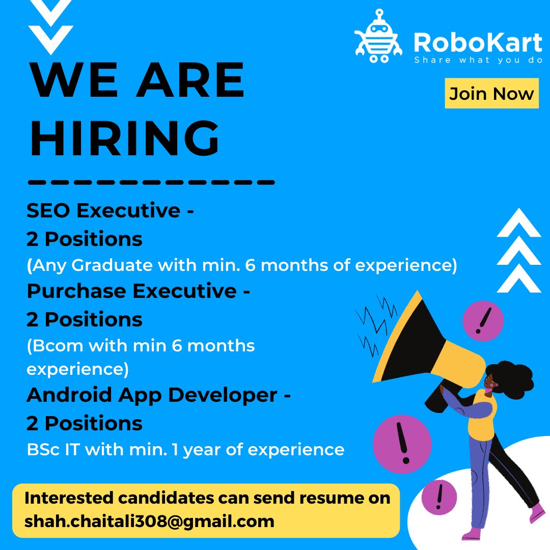 sgjani2190's tweet image. Various Openings Robokart.com
Android App Developer (2)
SEO Executive (2)
Purchase Executive (2)
Min Experience 6 months

#robokart #robokartmakerspace #androiddeveloper #seoexpert #purchasemanager #jobfinders #jobhelp #jobinindia #joininmumbai #job2021 #jobhiring
