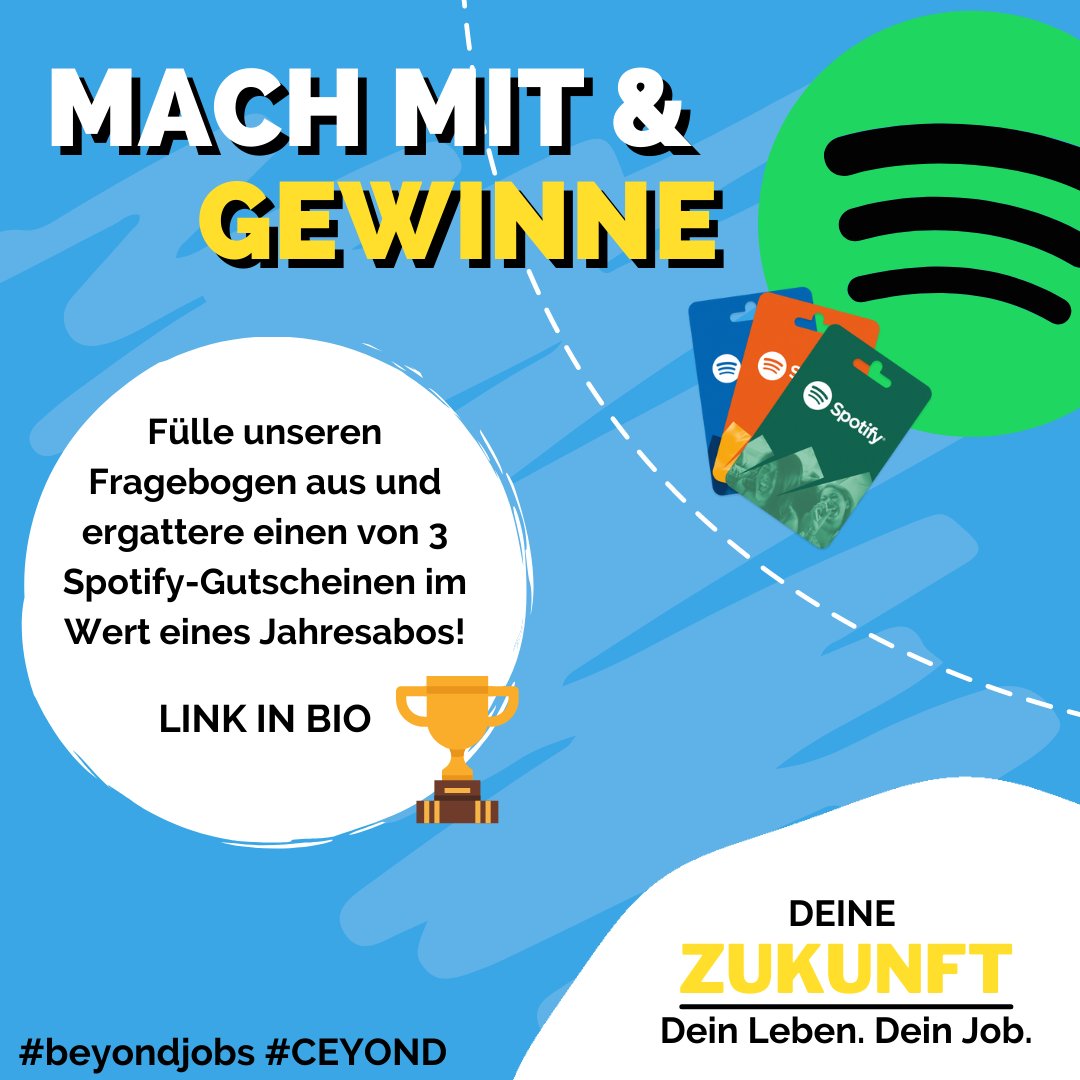CeyondGroup's tweet photo. Wir wollen DEINE Meinung hören 📢!
Wenn du zwischen 14 und 25 Jahre alt bist, dann mach mit bei unserer Umfrage und gewinne mit etwas Glück einen Spotify-Gutschein 🎶! Hier geht's direkt zur Umfrage 👉 https://t.co/PsSbV9SFb7
#beyondfuture #beyondjobs #CEYOND https://t.co/Zwm78nOxK6