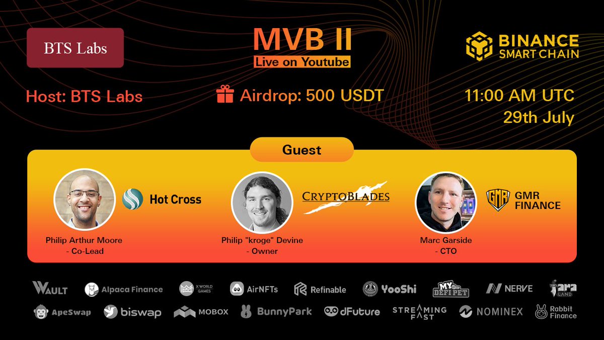 GMRCenter's tweet photo. 🎙️Binance #MVBII X BTS Labs Live discussion on YouTube!

Features candidates on @BinanceChain 
@GMR_Finance @hotcrosscom @Bladescrypto

🎁$200 USDT #Airdrop for:

☑️ RT + Like
☑️ Follow all projects and @btslabs_china 

🎁 $300 USDT Join https://t.co/svjTdguWmW during the stream! https://t.co/9c0Po8e5db