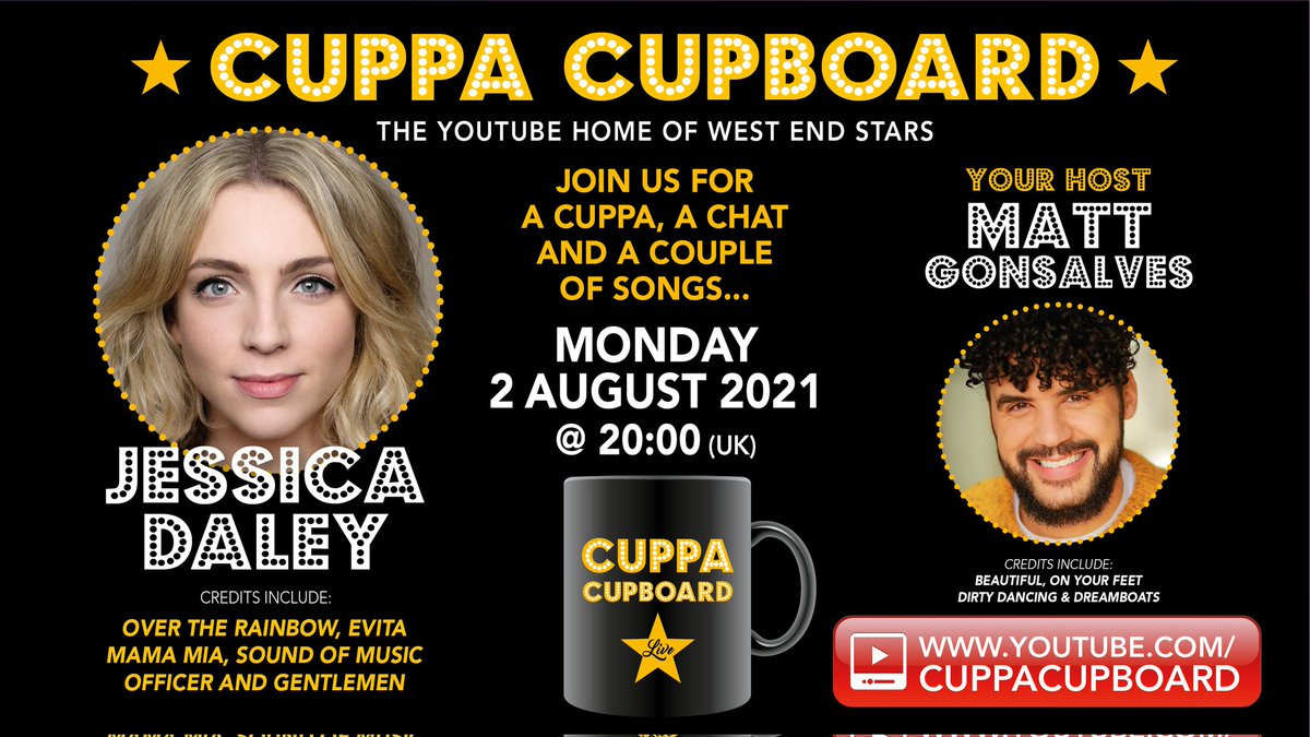 Next guest on Cuppa cupboard isJessica Daley ( <a href="/jessicacaca7/">Jessica Daley</a> ) 

Join us for a chat, a cuppa and a couple of songs! 

It's gonna be a fun one!

youtube.com/cuppacupboard

#livestream #musicaltheatre #overtherainbow #evita #mamamia #chatshow #youtube