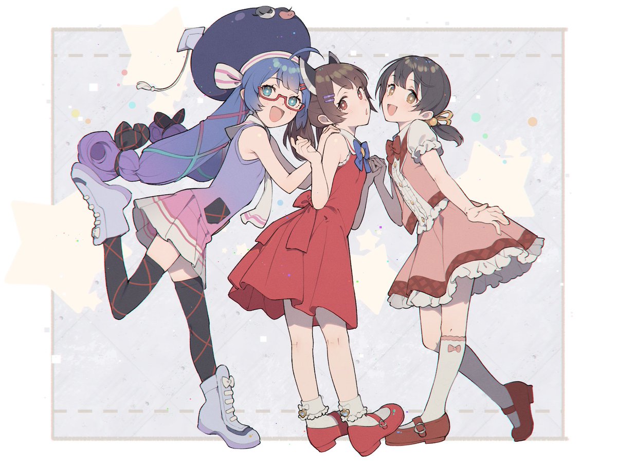 touhoku kiritan multiple girls 3girls dress blue hair twintails thighhighs red-framed eyewear  illustration images