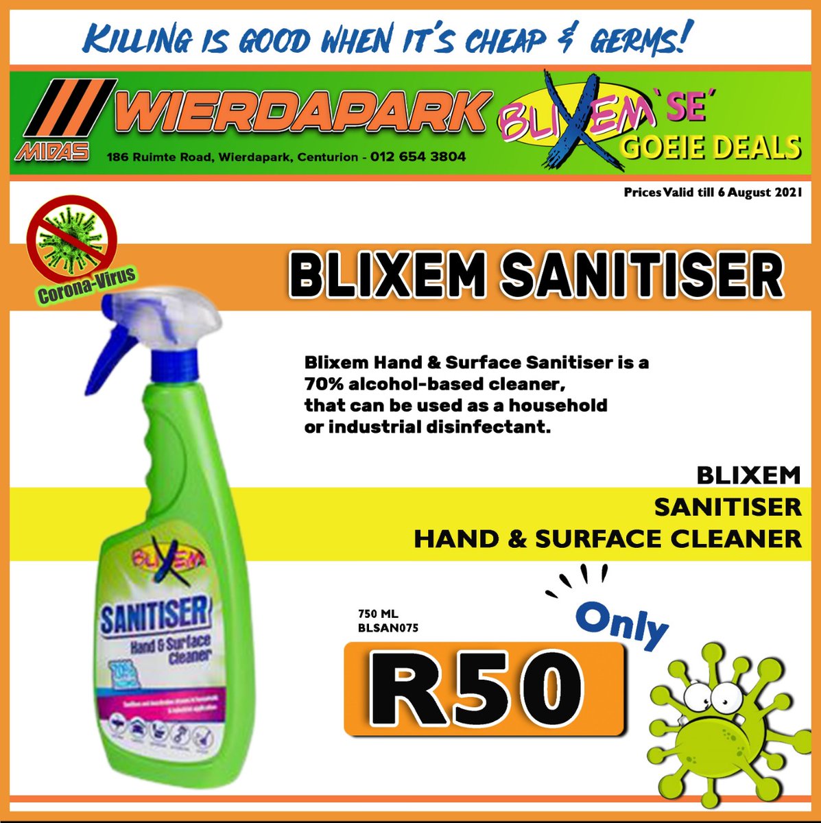 spareswise_wp's tweet photo. Blixem Sanitiser Hand & Surface Cleaner 750ML ONLY R50 at Wierdapark Midas!
Price valid until 6 August 2021!
#disinfectant #sanitisers #Bigsale #blixem #handsanitiser #surfacecleaner #handhygiene #wierdaparkmidas https://t.co/Ad5eShvtmE