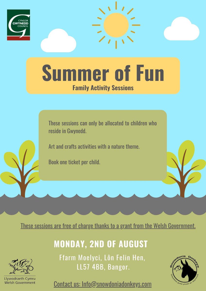 SnowdonDonkeys's tweet photo. ☀️ Summer of Fun with Snowdonia Donkeys ☀️

📌 Get your tickets from Eventbrite, you only need to purchase ONE ticket per child.
📌 The sessions are allocated to children who reside in Gwynedd.

#HafoHwyl #SummerofFun #WelshGovernment #LlywodraethCymru

https://t.co/9UttMmkPWe https://t.co/b9BrJxJ8kf