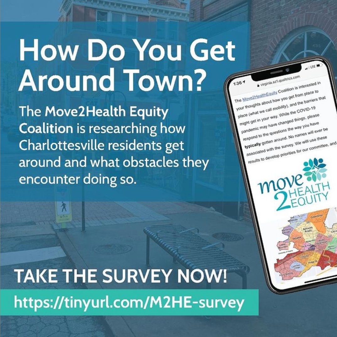 TheCenterCville's tweet photo. How do you get around town? Your response will be used to help Move2Health Equity guide advocacy and to help leaders make better choices. Take the survey now! https://t.co/U83OAfHwho https://t.co/OglFH4Cr17