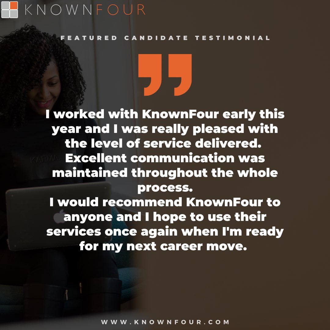 In today's #testimonialthursday post, we'll be featuring another amazing candidate.

For more KnownFour jobs, visit: knownfour.com/job-search

#KnownFour #jobs #recruitment #hiring #testimonialthursday