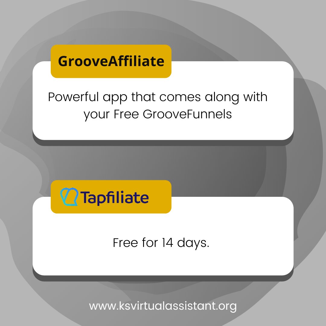 ksvfinance's tweet photo. GrooveAffiliate is one of the powerful apps that comes along with your free @GrooveFunnels while Tapfiliate has a free trial for only 14 days that you can cancel anytime.
Which one would you prefer?
#ksvirtualassistant #ukbusiness #grooveaffiliate #groovefunnel #thursday https://t.co/QdEnCjs5ID