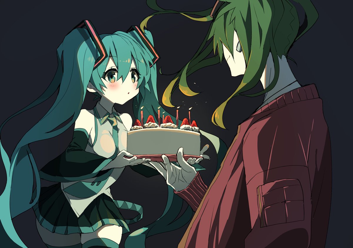 hatsune miku twintails 2girls long hair food multiple girls red jacket cake  illustration images