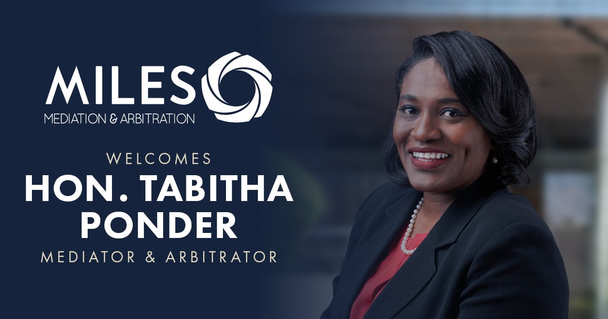 Miles is excited to welcome Hon. Tabitha Ponder to our panel in Atlanta. Tabitha is a part-time #CobbCounty Magistrate Court judge and a certified Civil/Domestic Relations #Mediator and #Arbitrator. 

#mediation #arbitration #ADR #legal #MilesMediation

bit.ly/3yelHRJ