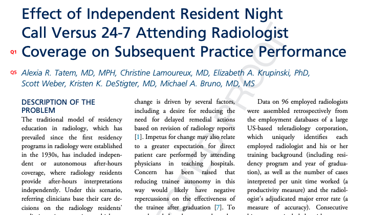 "Our data suggest that there is a significant benefit to subsequent work productivity for radiologists who train in programs with independent, autonomous call as compared with a 24-7 attending radiologist training model..."

<a href="/JACRJournal/">JACR</a> <a href="/EAKrup/">Elizabeth Krupinski</a> 

jacr.org/article/S1546-…