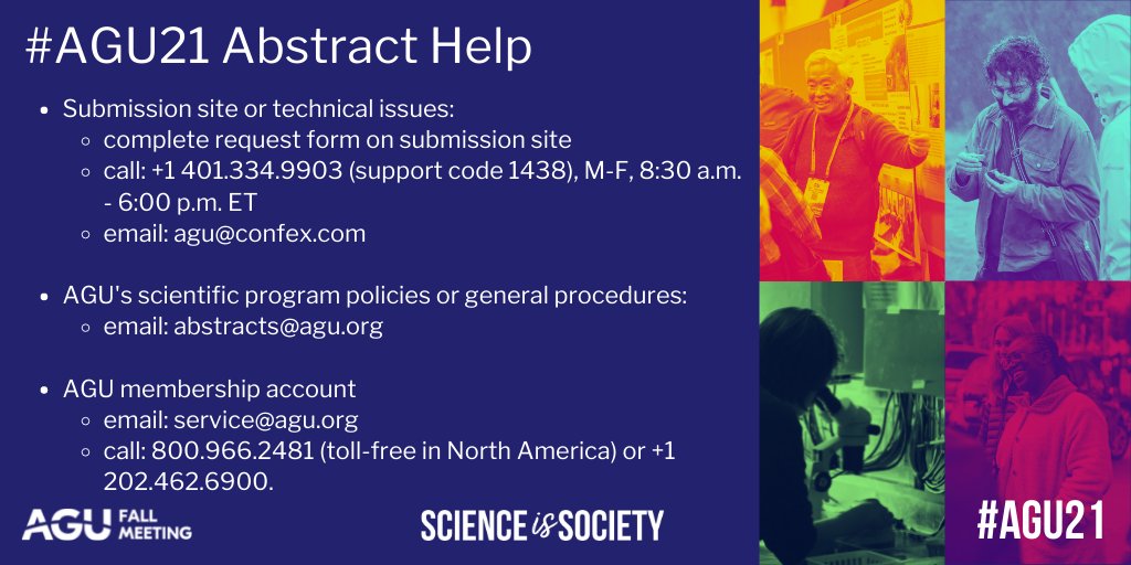 #AGU21 abstract submissions are due 4 August at 23:59 EDT/03:59 +1 GMT. 

Get information about policies, tips and tricks, and where to get help 👉 agu.org/Fall-Meeting/P…