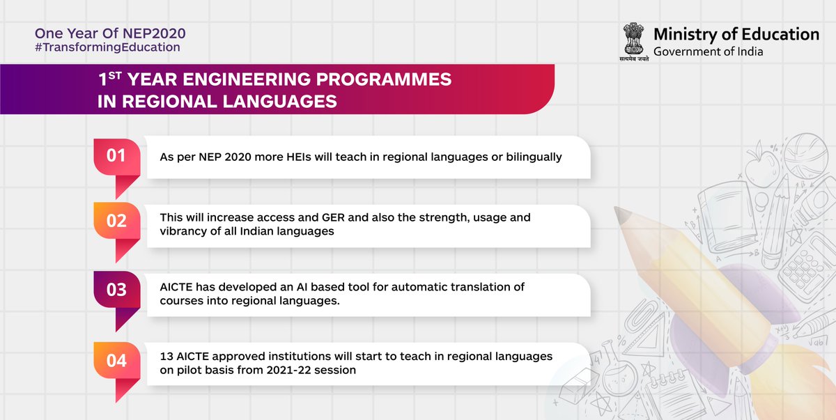 EduMinOfIndia's tweet photo. To spread the usage and vibrancy of Indian Regional Languages, technical courses in regional languages have been promoted across various HEIs under #NEP2020.
#TransformingEducation https://t.co/8ZUR6c4Zfs