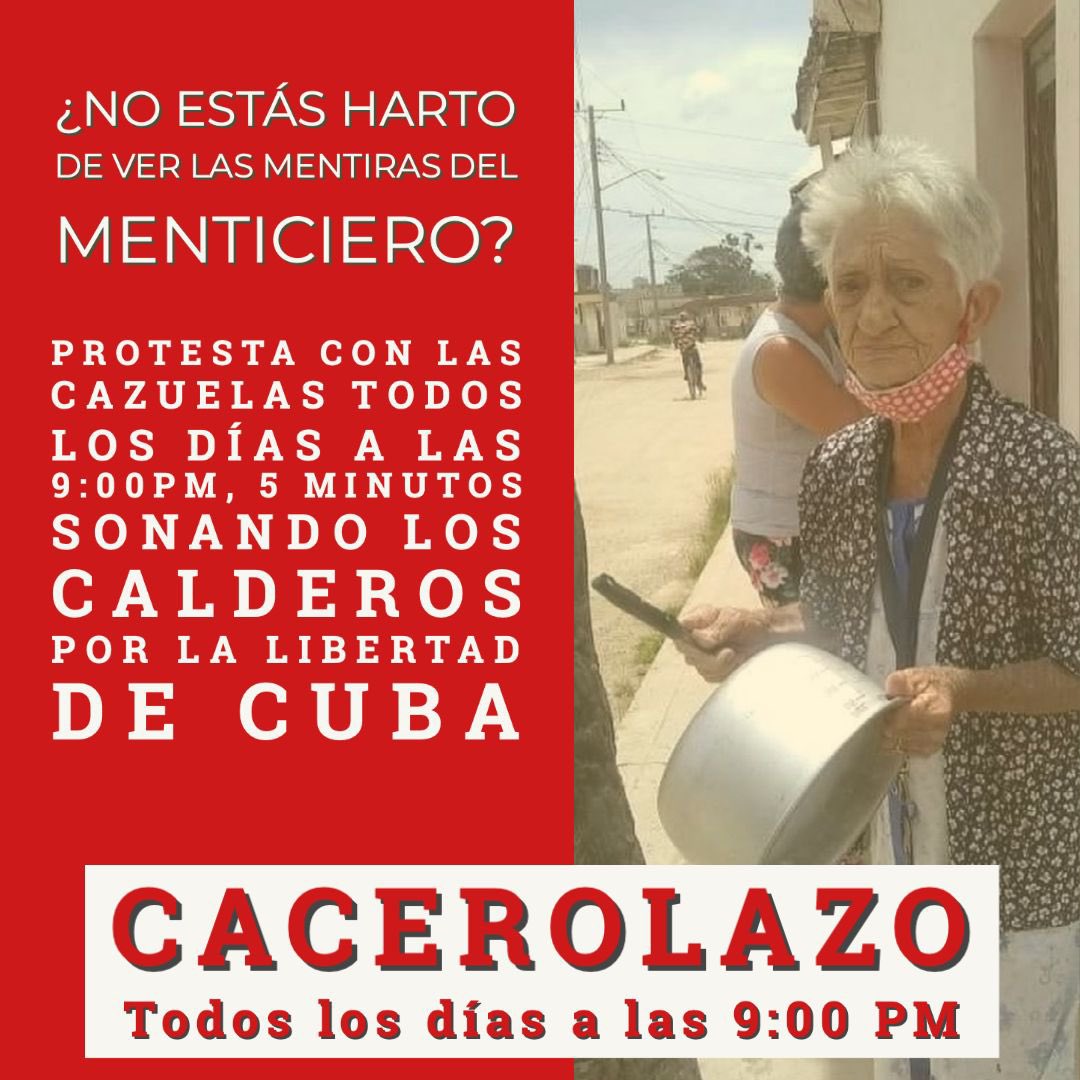 ilianahcuba's tweet photo. Se convoca a los cubanos todos los días a las 9:00 pm a un toque de cazuelas por la #Libertad de #Cuba las calles están militarizadas pero eso no impide que sigamos en protesta, pacíficamente, que el mundo vea lo que queremos los cubanos. #SOSCuba  #PatriaYVida @ONU_es @USEmbCuba https://t.co/Ie1DONqMeX