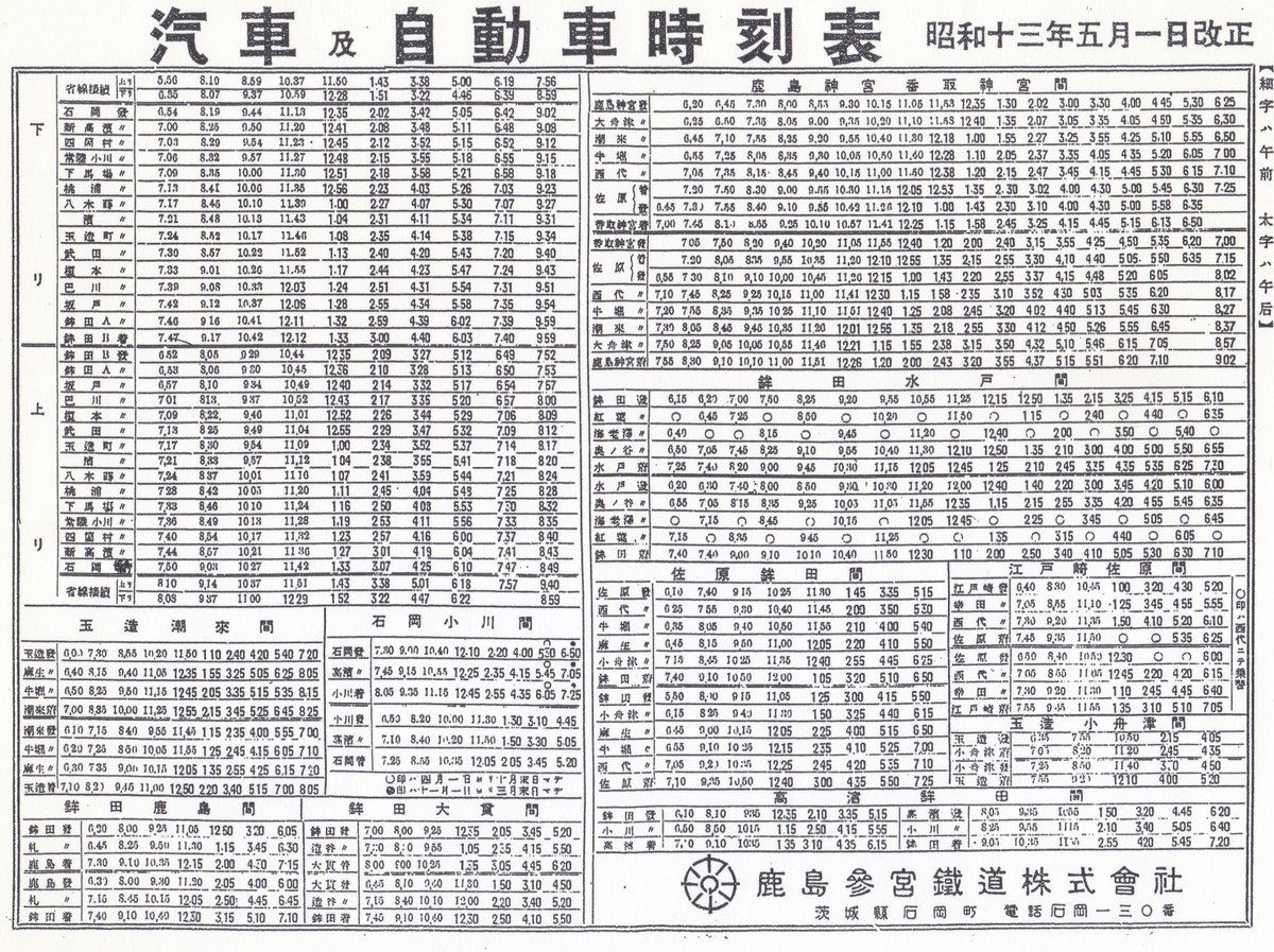 古時刻表]1938年(昭和13)、83年前の鹿島参宮鉄道の時刻表だ。旧路線図
