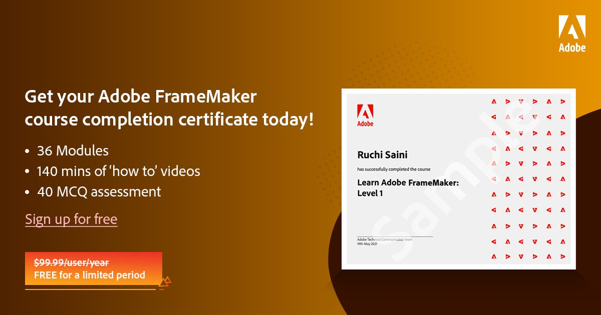 AdobeTCS's tweet image. Did you know we offer a Free Online Training Course for @Adobe #FrameMaker? Check out what it covers and sign up today to receive your certificate of completion: adobe.ly/3ld6fSj

#TechComm #TechnicalWriter #OnlineCourse
