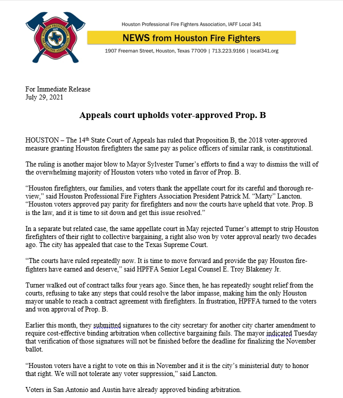 FirefightersHOU's tweet photo. We win again! The 14th State Court of Appeals ruled this morning that Proposition B is constitutional. It is time to move forward and get Houston firefighters the pay they have earned and deserve. https://t.co/AosgMuoYW9