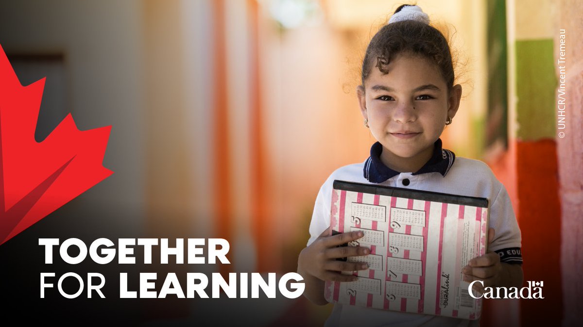 A young school girl holding a book. The words Together for Learning appear in the picture with a maple leaf and the Canada word mark.