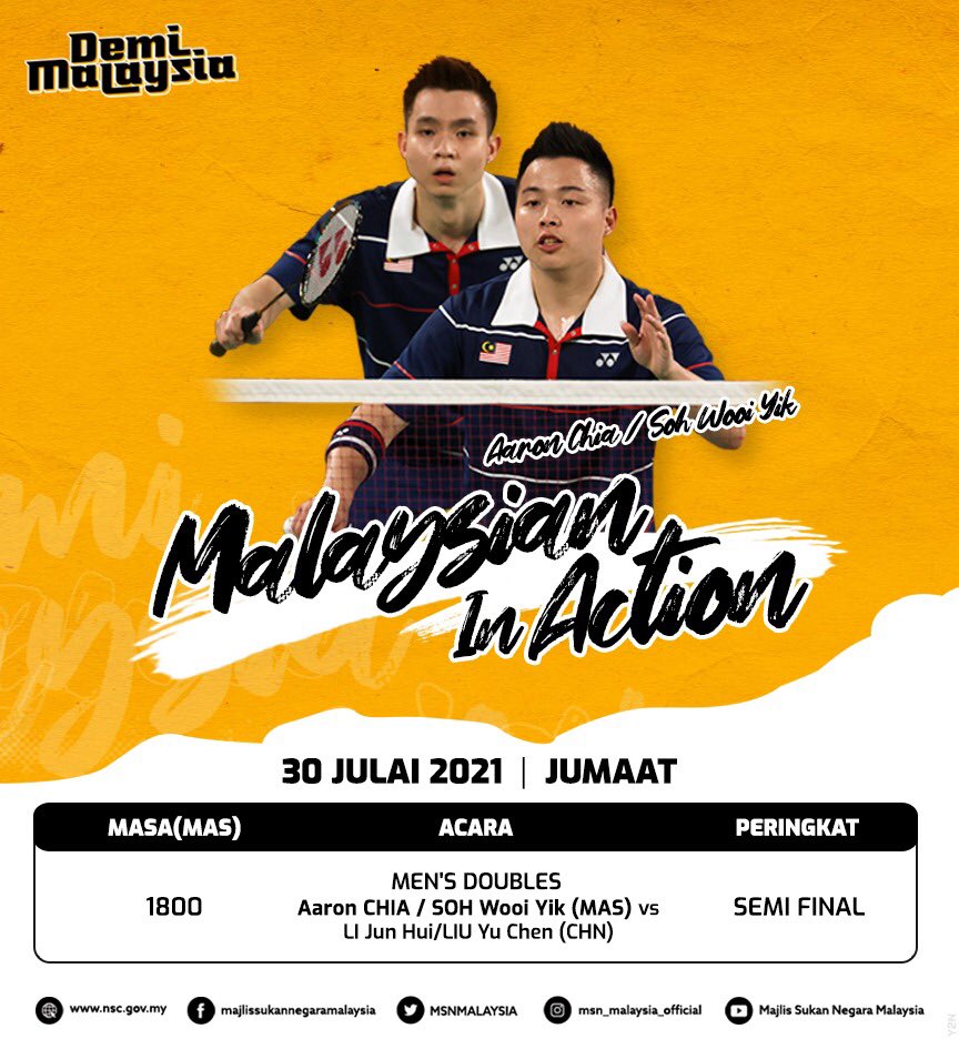 KBSMalaysia's tweet photo. Malaysian In Action 

30th Julai 2021 (Jumaat)

All The Best!!! Aaron Chia-Wooi Yik Yang Akan Beraksi Dalam Acara Men’s Double 

Selamat Berjuang Demi Malaysia 🇲🇾 

#KontinjenMALAYSIA
#DemiMalaysia
#Tokyo2020 https://t.co/DUrMOe9ku0