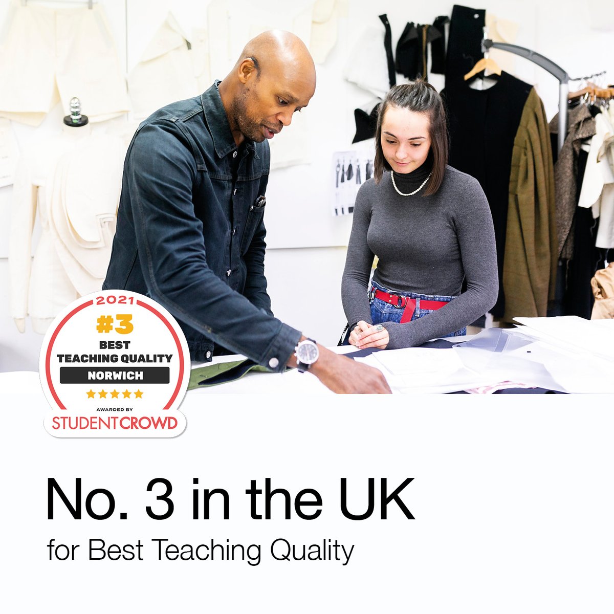 We're delighted that we have been ranked 3rd for Teaching Quality in the UK by <a href="/StudentCrowd/">StudentCrowd</a>. 

We're extremely pleased to see our staff Makers &amp; Creators recognised by students for their commitment to teaching excellence 💫

#WeAreNUA #ArtisEssential