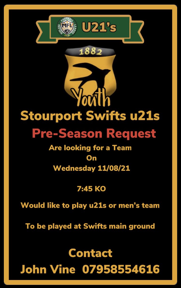 Due to a cancellation opposition required <a href="/wmrfl/">West Midlands (Regional) League</a> <a href="/MidlandLeague/">Capelli Sport Midland Football League</a> <a href="/StourportSwifts/">Stourport Swifts FC</a>