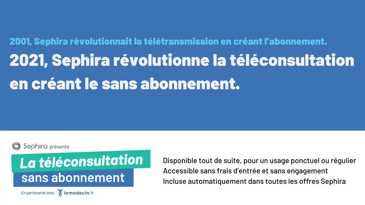 2001. <a href="/GroupeSephira/">Sephira</a> révolutionnait la télétransmission en créant l’abonnement. 
2021. Sephira révolutionne la #téléconsultation avec le sans abonnement avec <a href="/lemedecinfr/">LEMEDECIN.FR - Au service des patients</a> 
Accessible à tous les #medecin #généraliste et #spécialiste . #esante #hcsmeuf