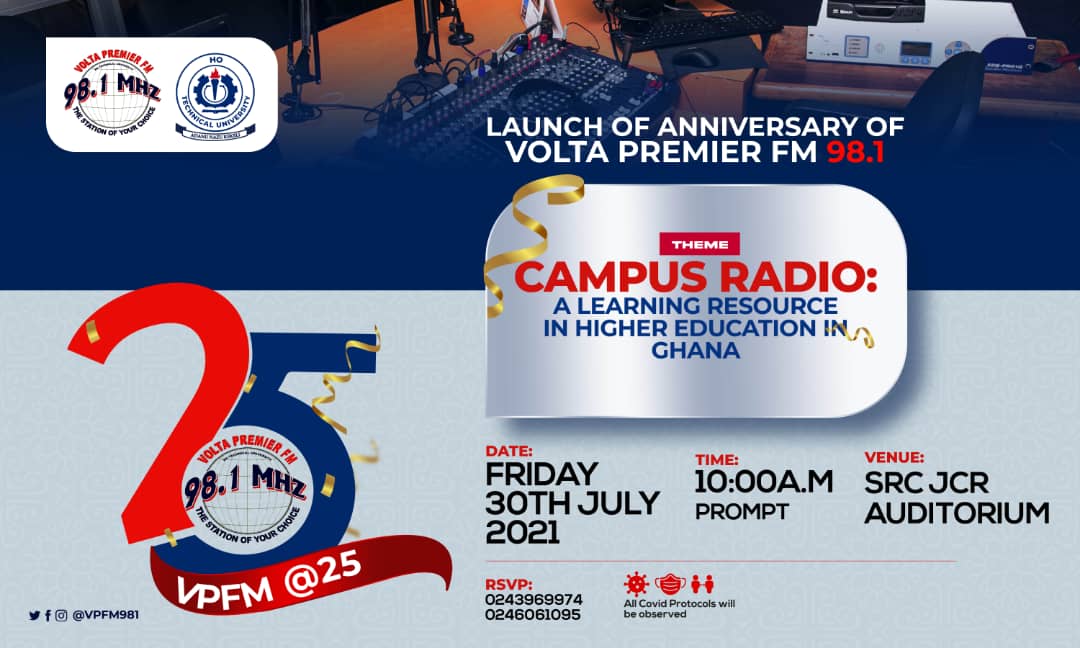 All is set for the official launch of the 25th anniversary of our campus radio, Volta Premier Fm 98.1 Mhz tomorrow at 10:00am.

V.P. FM, the Station of your choice.

#VPFMat25 #HTU #CampusRadio